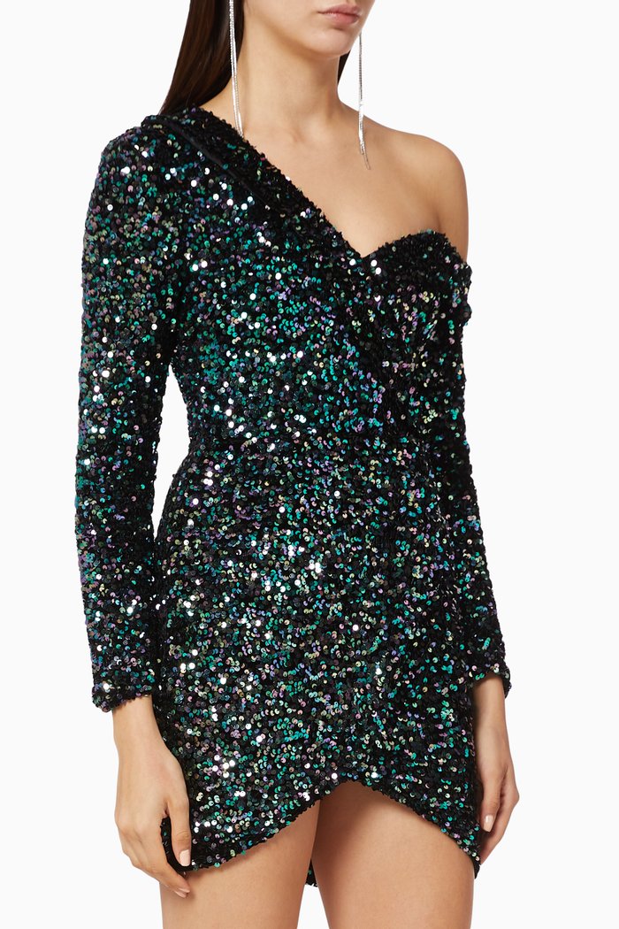 

Off Shoulder Cluster Velvet Sequin Mini Dress, Blue