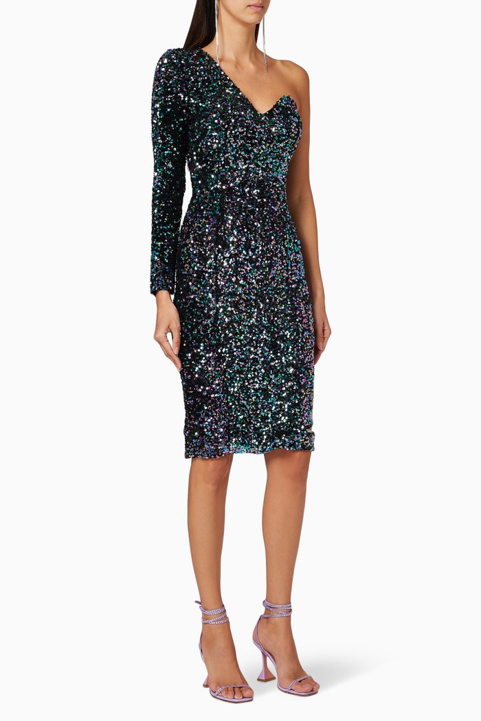 

One-Shoulder Sequin Velvet Midi Dress, Blue