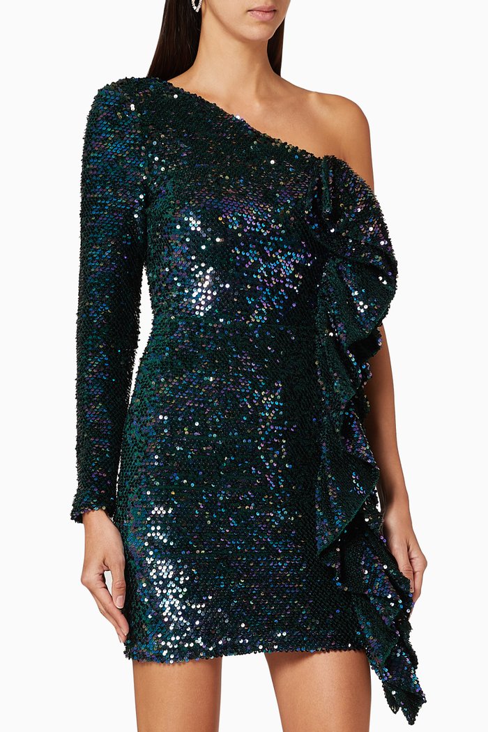 

One Shoulder Sequin Ruffle Mini Dress, Green