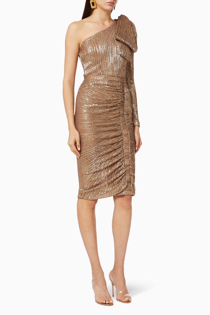 

Bow Shoulder Sequin Midi Dress, Gold