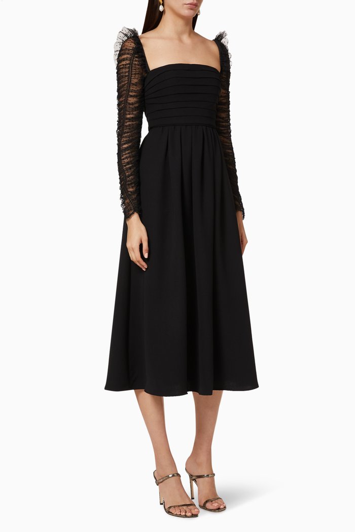 

Dot Mesh Sleeved Midi Dress, Black
