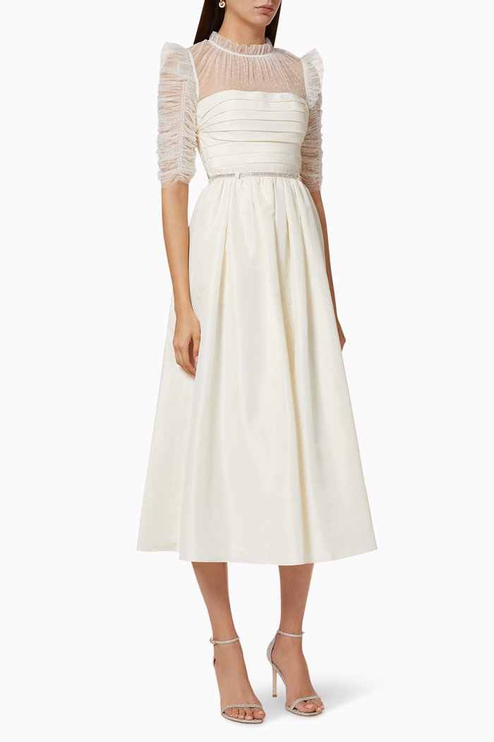

Dot Mesh Sleeved Midi Dress, Neutral