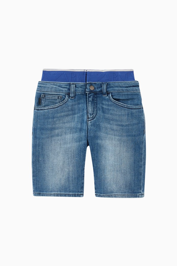 

EA Logo Waistband Denim Shorts, Blue