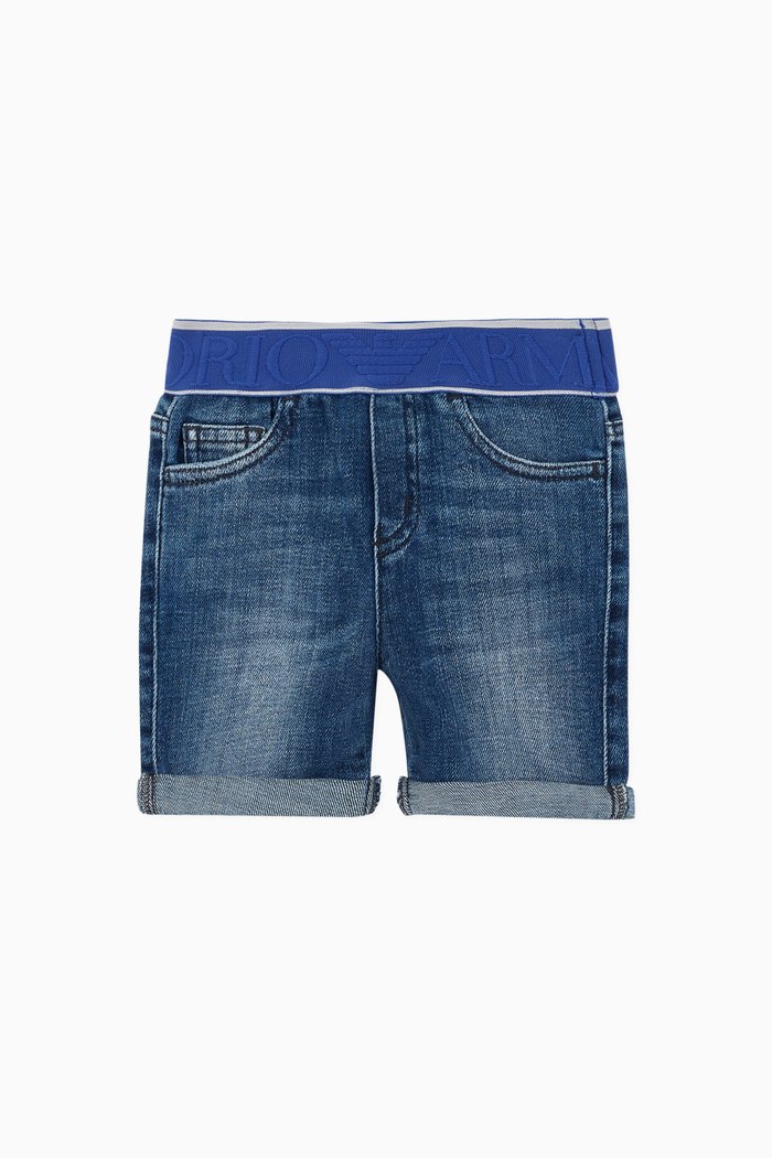 

EA Logo Waistband Denim Shorts, Blue