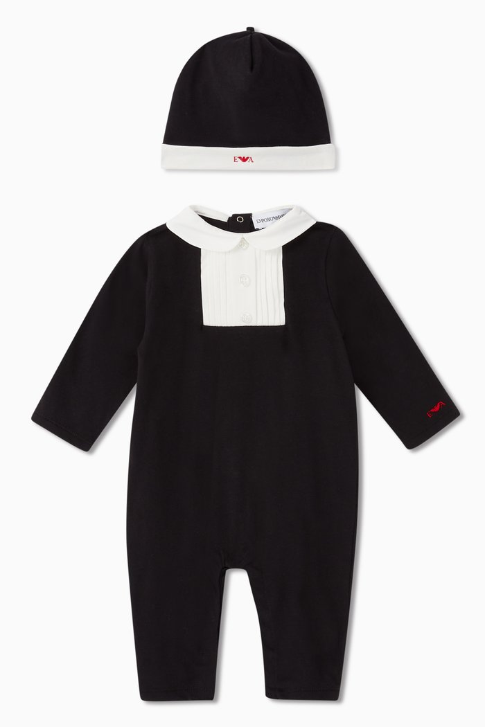 

Holiday Tuxedo Jersey Jumpsuit & Hat Set, Black