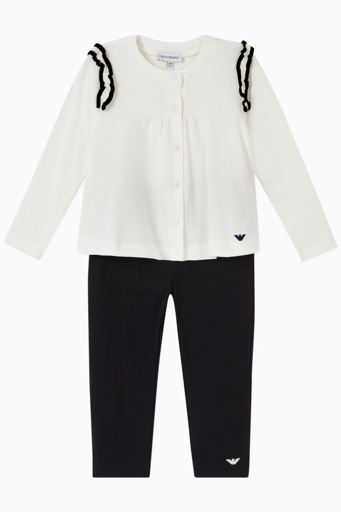 

Ruffled Trim Top & Trousers Set, White