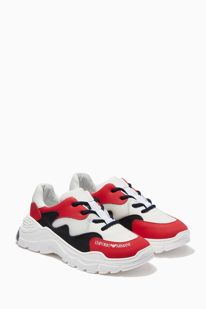

EA Chunky Sneakers in Leather & Mesh, Red