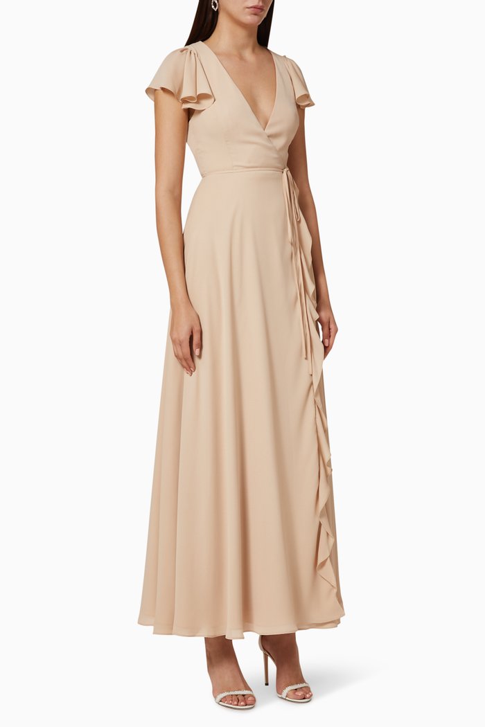 

Ruffled Satin Wrap Dress, Neutral