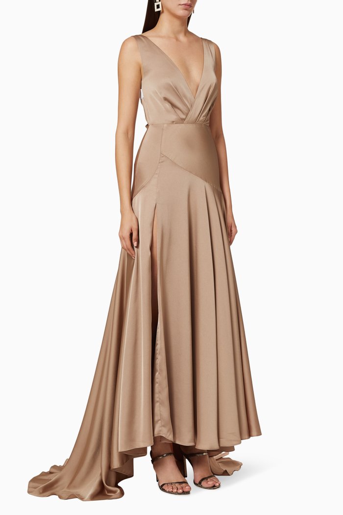 

Plunging Pleated Blouson Dress, Neutral