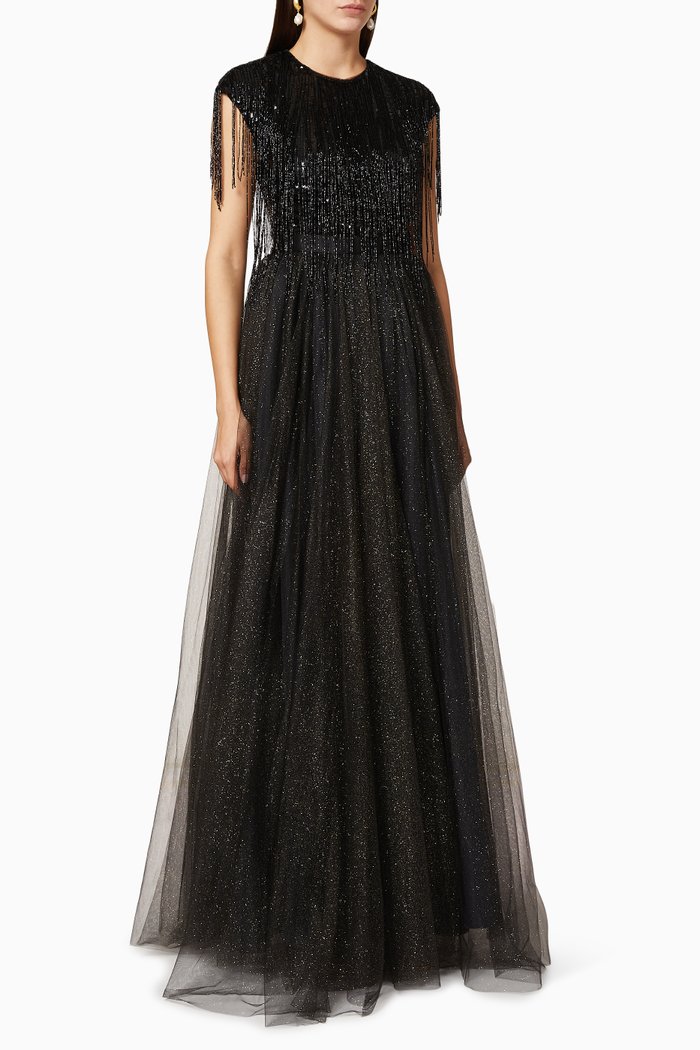 

Sequin Bead Glittered Mesh Maxi Dress, Black
