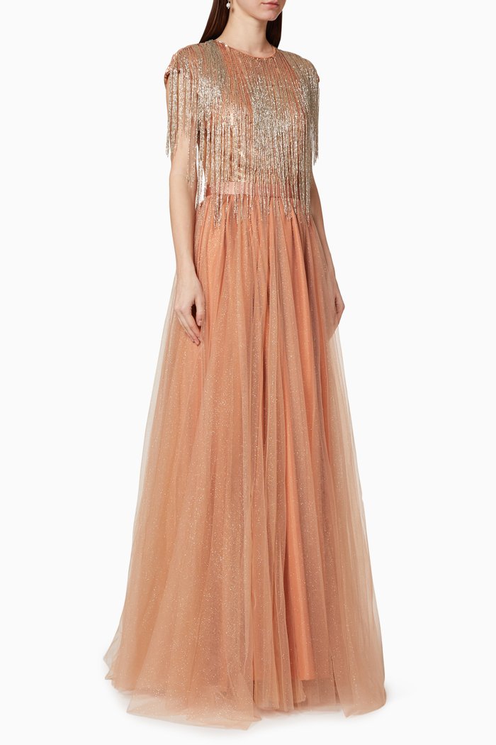 

Sequin Bead Glittered Mesh Maxi Dress, Rose gold