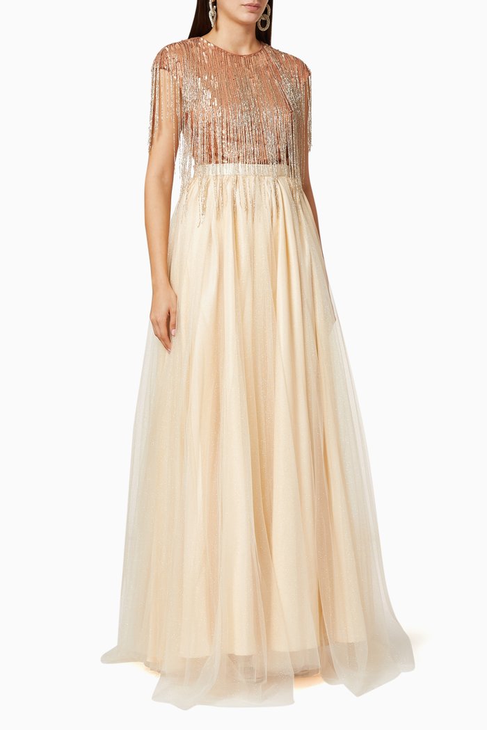 

Sequin Bead Glittered Mesh Maxi Dress, White