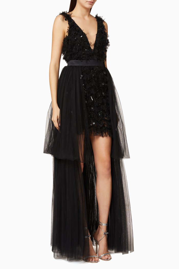 

Detachable Train Sequin Mesh Dress, Black