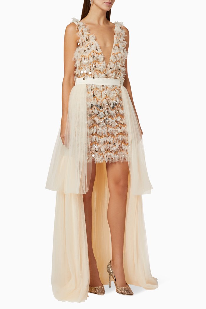 Detachable Train Sequin Mesh Dress, White
