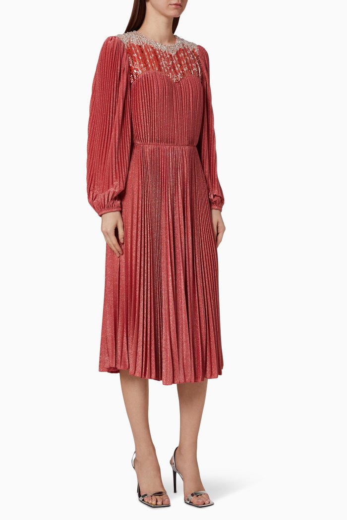 

Pleated Lamé Jersey Midi Dress, Red