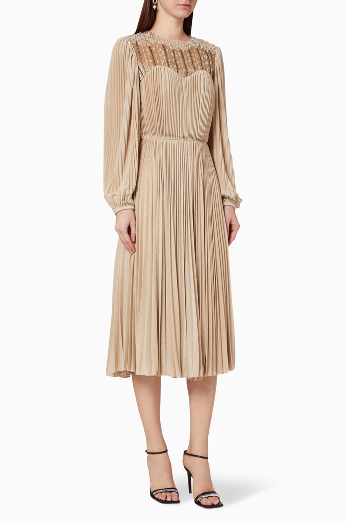

Pleated Lamé Jersey Midi Dress, Yellow