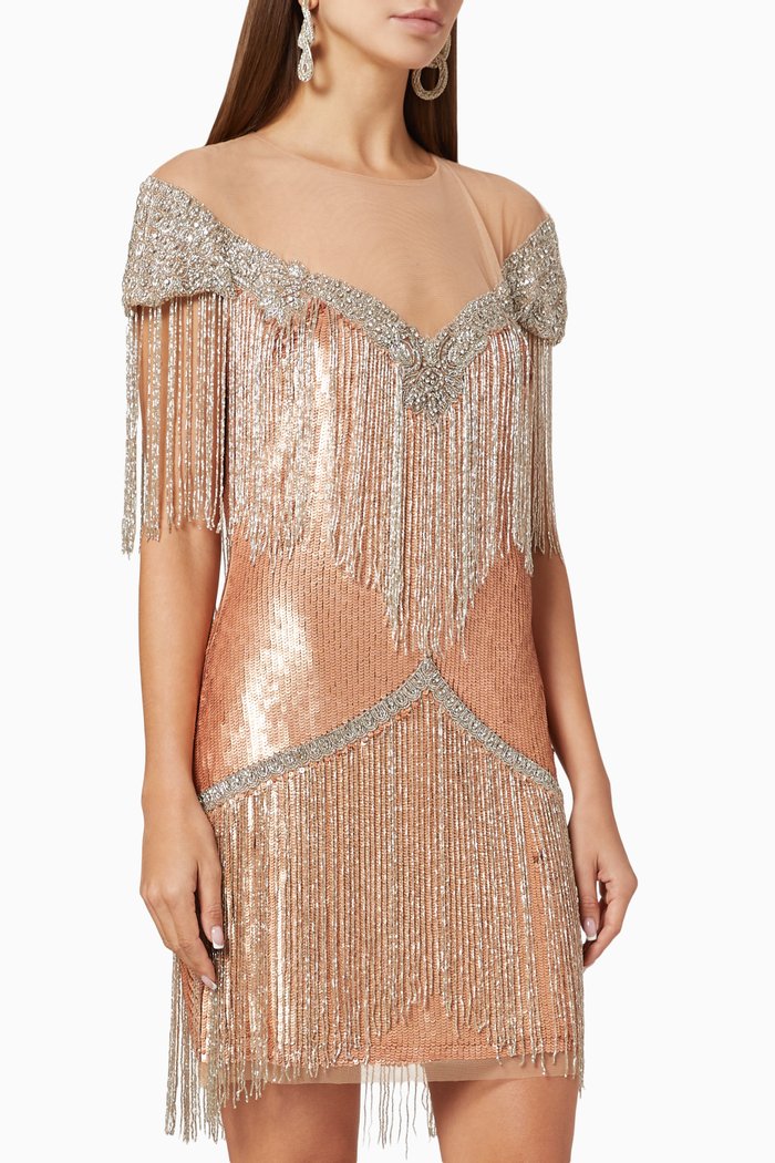 

Fringed Sequin Mini Dress, Rose gold