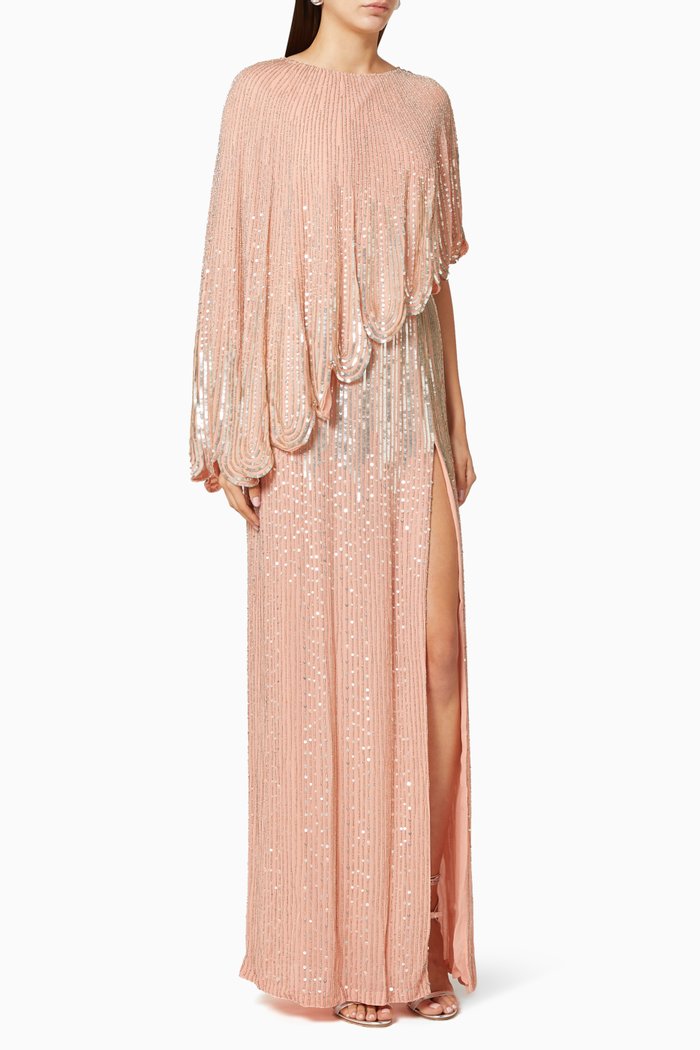 

Sequin Bead Georgette Tulle Maxi Dress, Pink