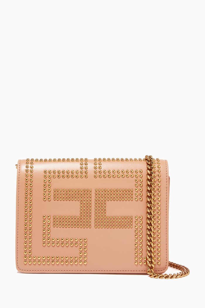 

Studded Logo Shoulder Bag in Faux Leather, Rose gold