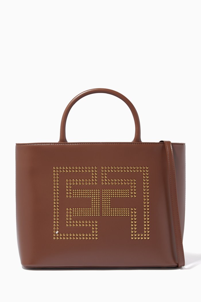 

Studded Logo Shopper Bag in Faux Leather, Brown