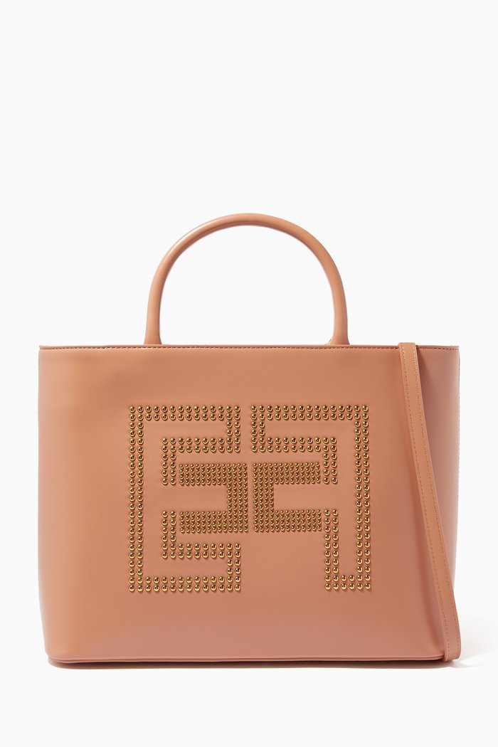 

Studded Logo Shopper Bag in Faux Leather, Rose gold