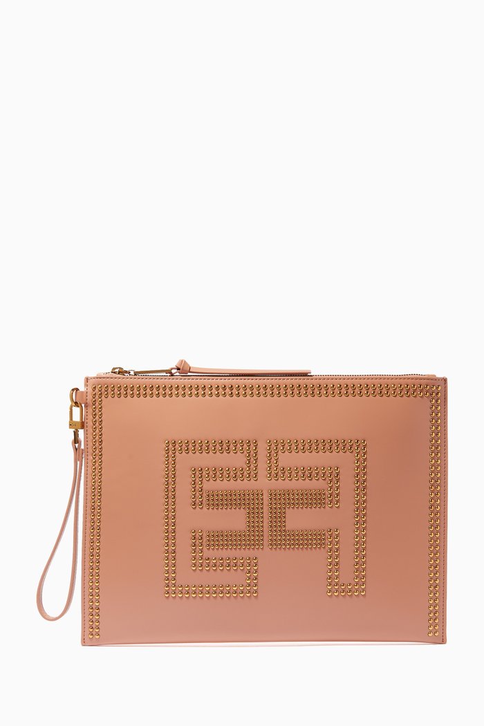 

Studded Logo Pouch in Faux Leather, Rose gold