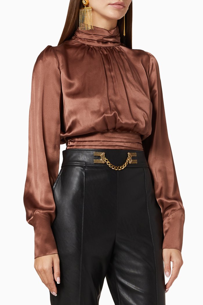 Satin Cropped Blouse, Brown