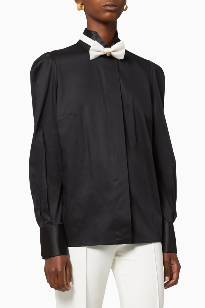 

Tuxedo Bowtie Cotton Shirt, Black