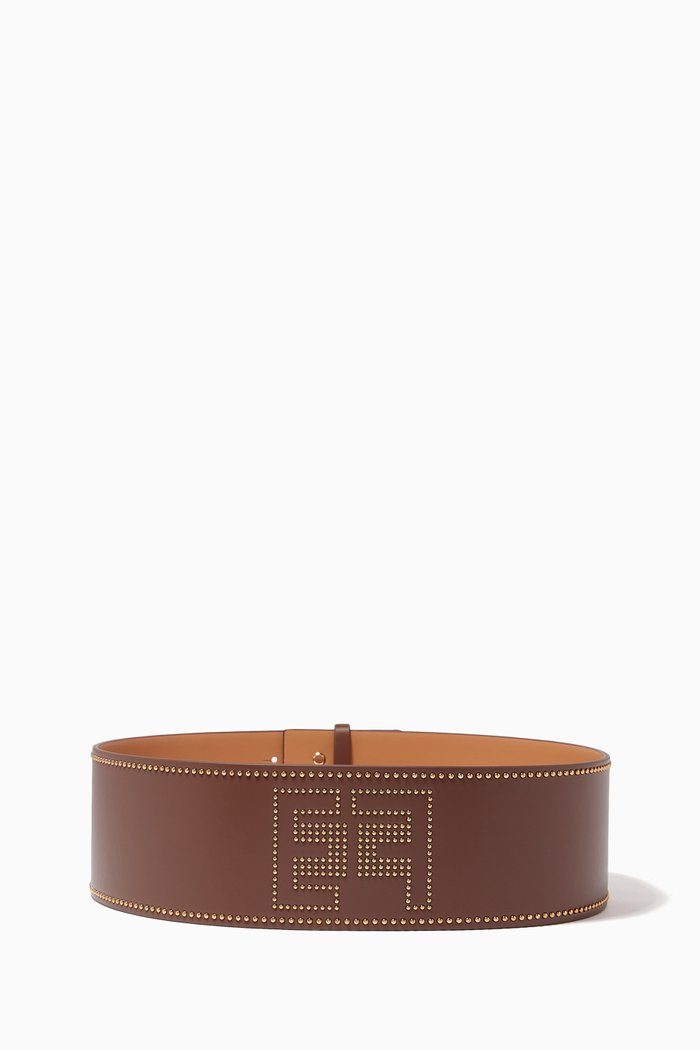 

Studded Logo Belt in Faux Leather, Brown