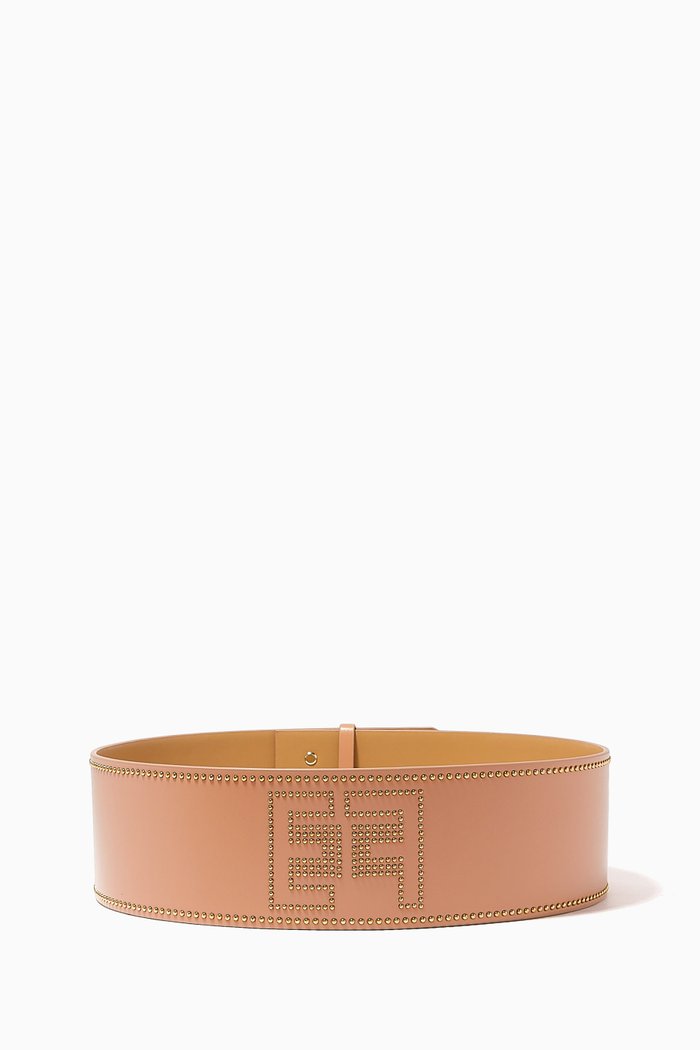 

Studded Logo Belt in Faux Leather, Rose gold