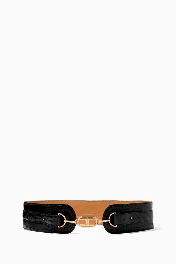 

Logo Belt in Croc-Embossed Faux Leather, Black