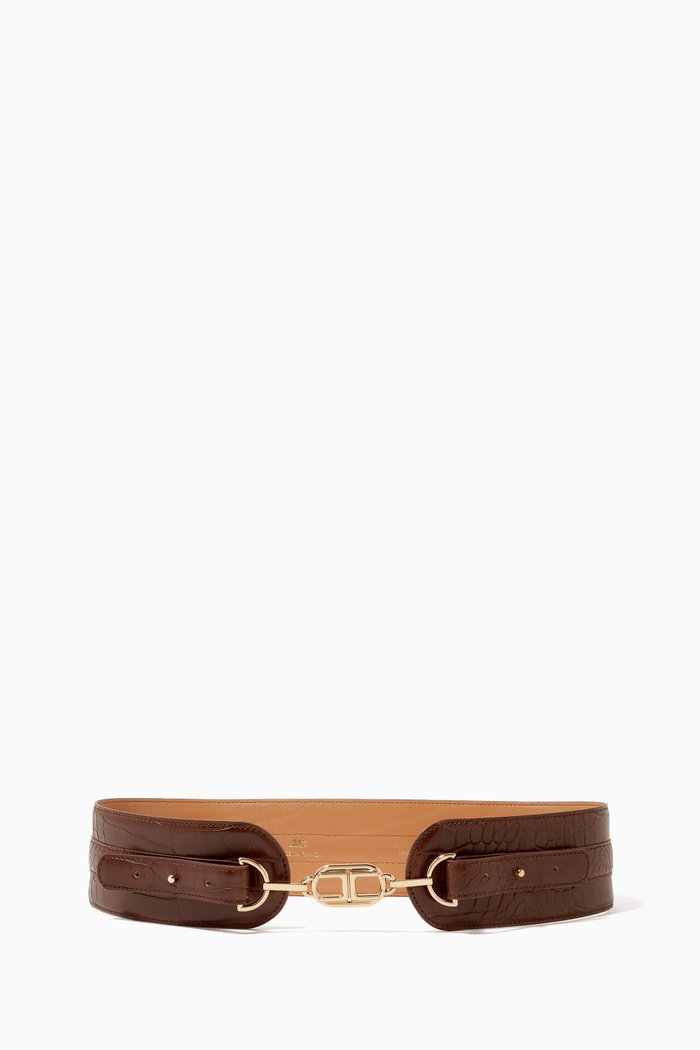 Logo Belt in Croc-Embossed Faux Leather, Brown