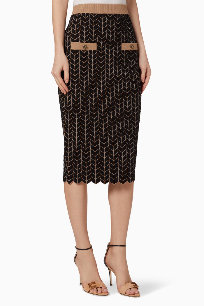 

Chevron Motif Knit Midi Skirt, Black
