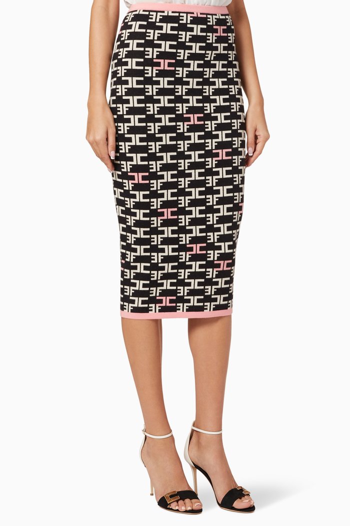

Monogram Logo Knit Midi Skirt, Black