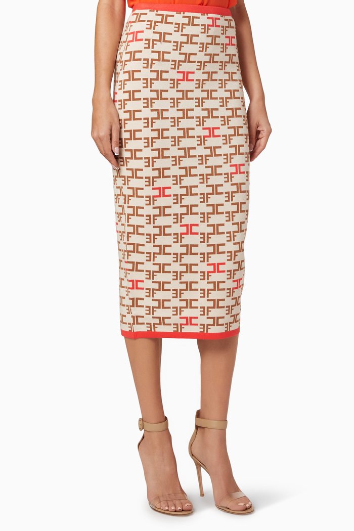 

Monogram Logo Knit Midi Skirt, White