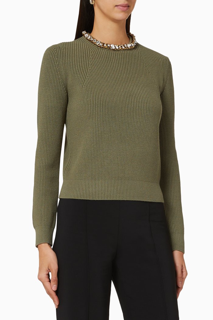 

Rhinestone Chain Appliqué Knit Jumper, Green