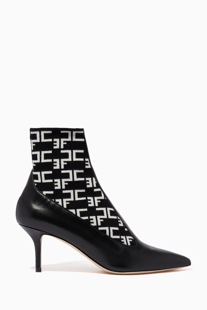 

Ankle Boots in Monogram Logo Knit & Leather, Black