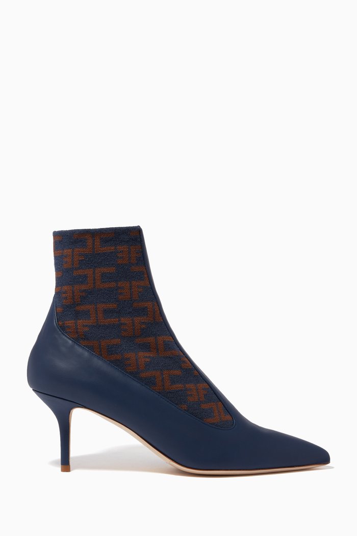 

Ankle Boots in Monogram Logo Knit & Leather, Blue