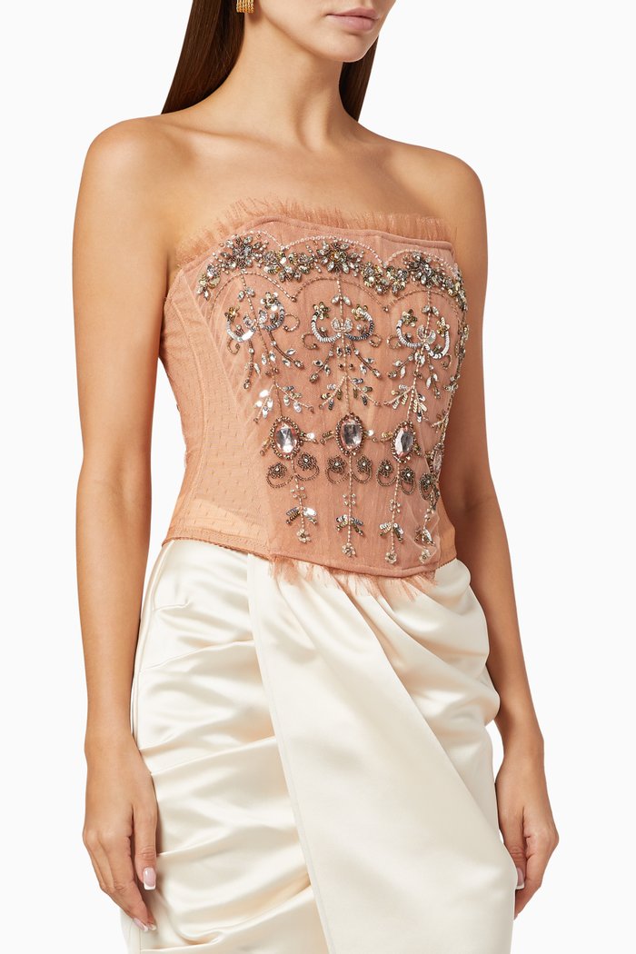 Sequin Bead Dobby Mesh Bustier Top, Rose gold
