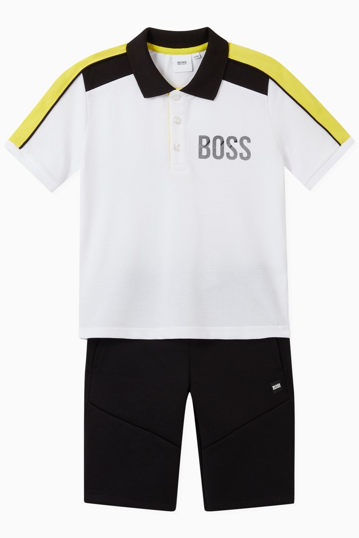 

Tricolour Polo T-shirt & Bermuda Shorts Set in Cotton, White