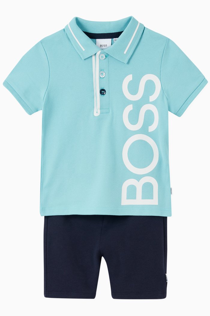 

Logo Polo T-shirt & Bermuda Shorts Set in Cotton, Blue
