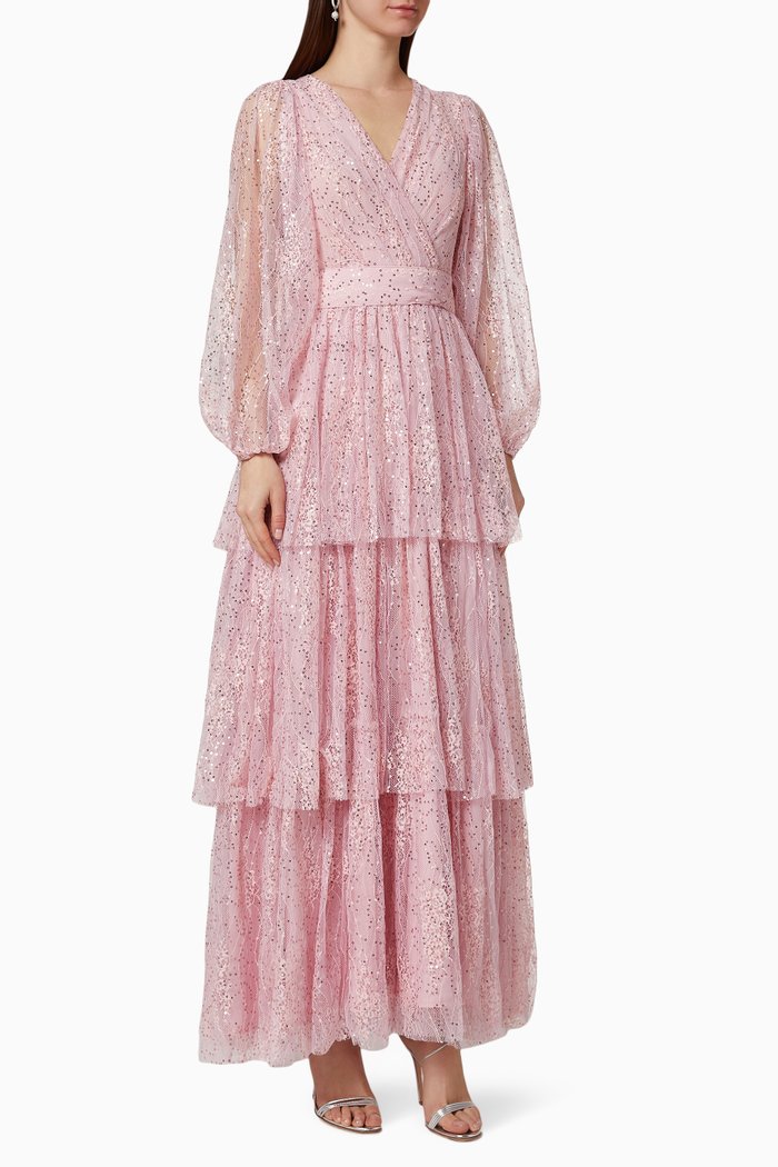 

Sequin Mesh Tiered Dress, Pink