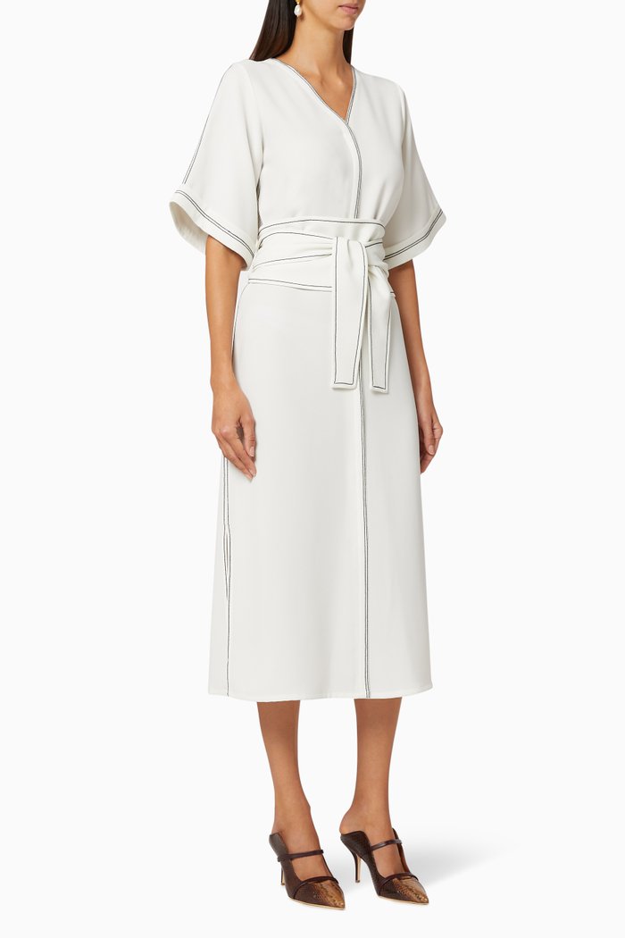 

Embroidered Belted Dress, White
