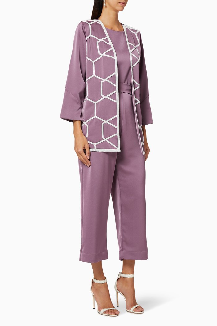 

Embroidered Crepe Jacket & Pant Set, Purple