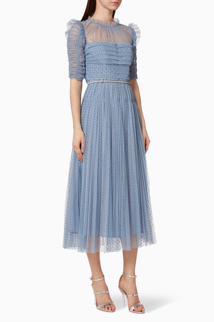 

Dot Mesh Trim Dress, Blue