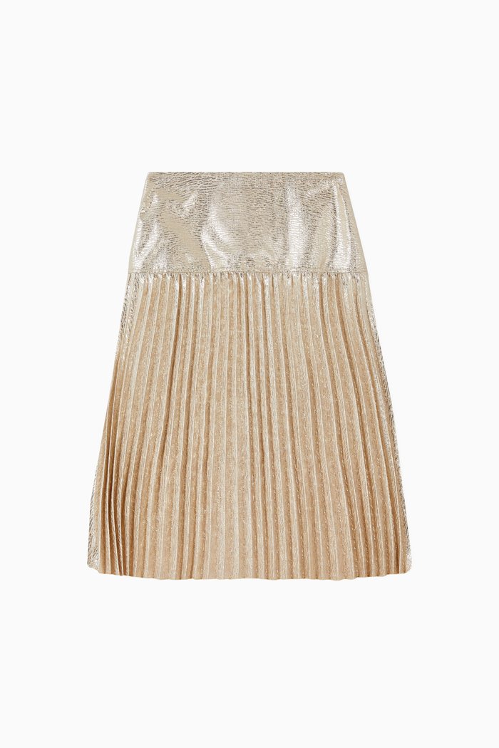 

Pleated Midi Cotton-Blend Skirt, Gold