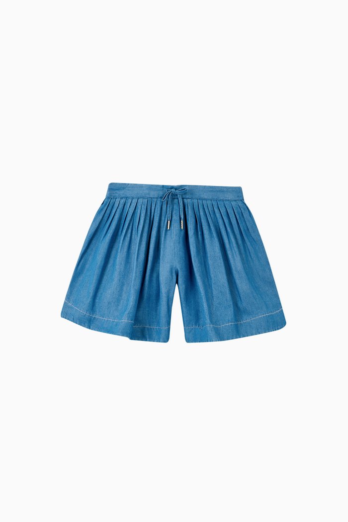 

Pleated Denim Shorts, Blue