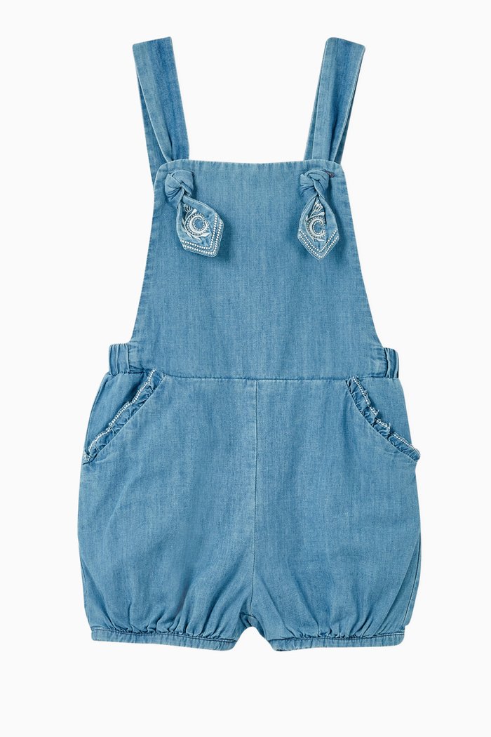 

Embroidered Logo Denim Romper, Blue