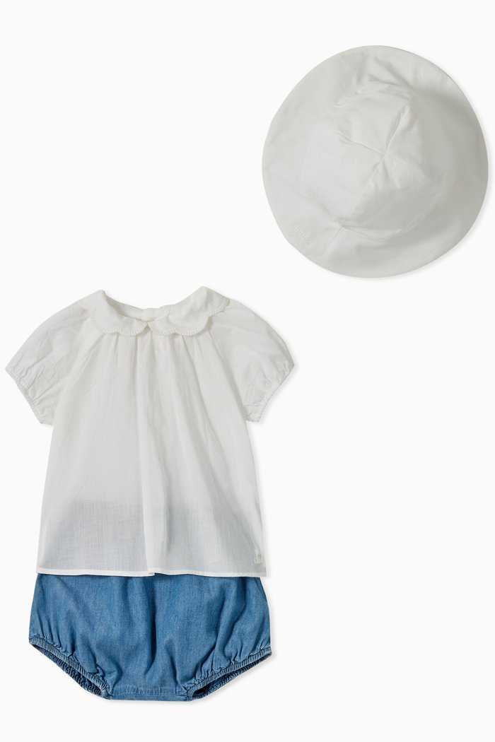 

Peter Pan Collar Top, Shorts & Hat in Cotton, Blue