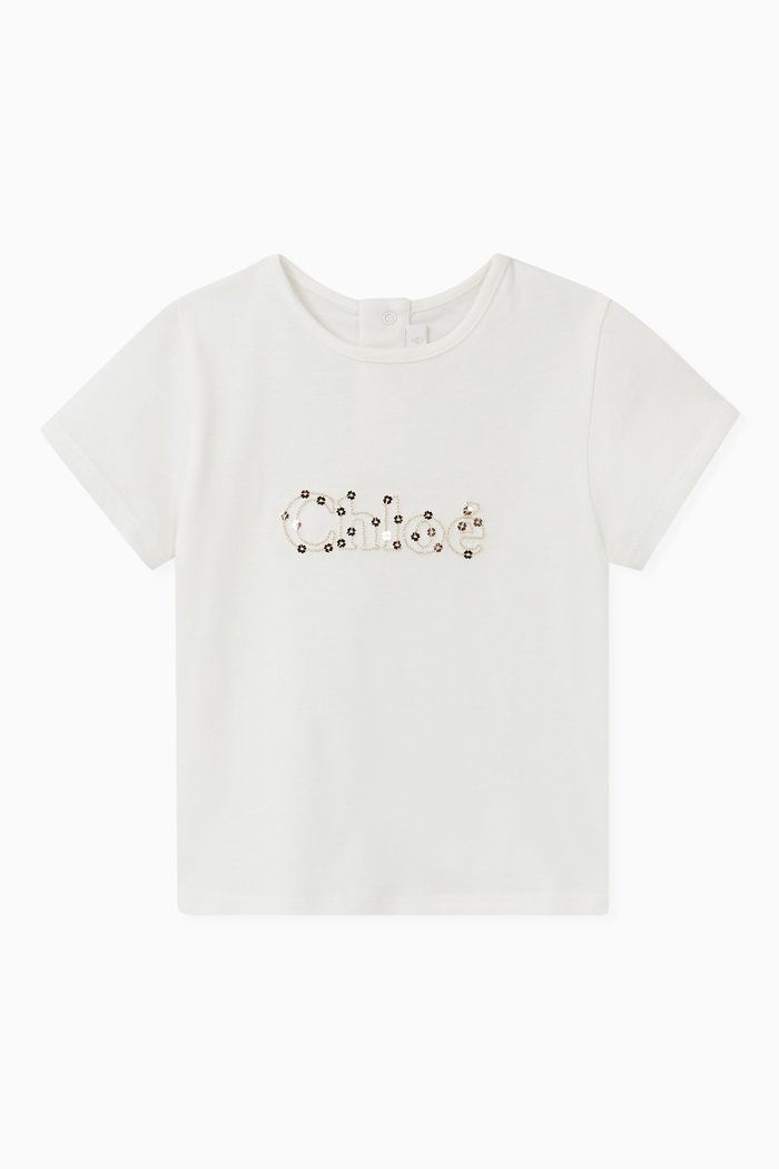 Embroidered Logo T-shirt with Sequins in Cotton Blend, Neutral